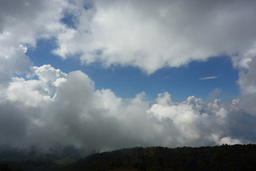 Obraz na płótnie Canvas fluffy mist cloud on sky above evergreen mountain of green jungle woods