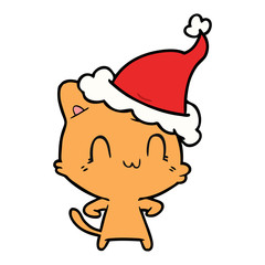 line drawing of a happy cat wearing santa hat