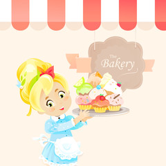 A cute little girs holds cupcakes or muffins on the tray and stands under canopy of bakery pastry shop vintage vector illustration