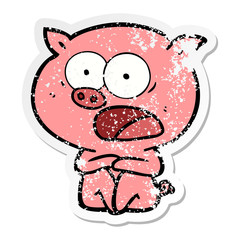 distressed sticker of a shocked cartoon pig sitting down