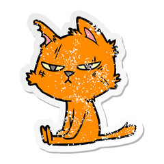 distressed sticker of a tough cartoon cat sitting