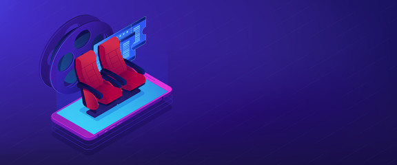 Buying tickets online isometric 3D banner header.