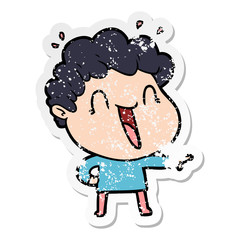 distressed sticker of a cartoon happy man