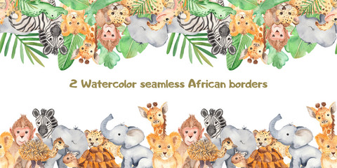 Watercolor seamless border with cute cartoon animals of Africa. Texture for wallpaper, packaging, scrapbooking, textiles, fabrics, children's clothing and design. - obrazy, fototapety, plakaty