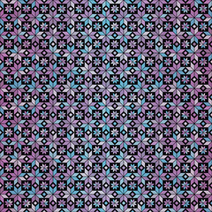 Seamless blue-pink geometric gradient floral pattern on black background © Olga Drozdova