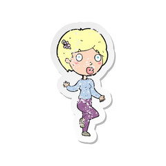 retro distressed sticker of a cartoon suprised woman