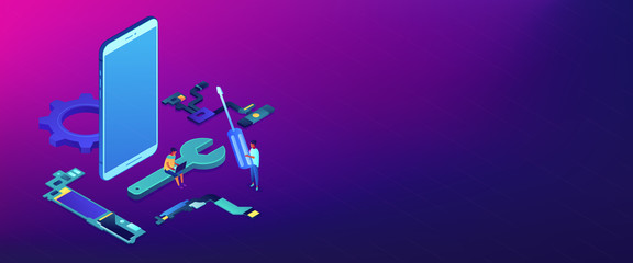 Smartphone repair isometric 3D banner header.