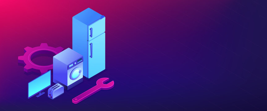 Repair Of Household Appliances Isometric 3D Banner Header.