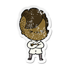 distressed sticker of a cartoon annoyed hipster girl