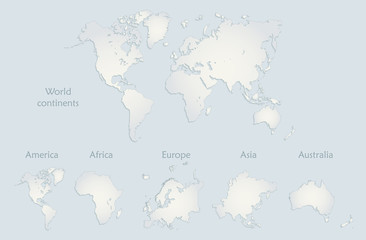 World continents map, collection America, Europe, Africa, Asia, Australia, blue white paper vector