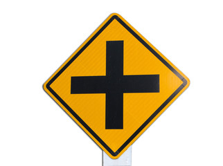 Yellow Road Sign ” crossroad “ isolated on white background  of file with Clipping Path