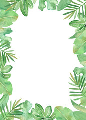 Watercolor frame, wreath with tropical plants and flowers. Template for greeting card, invitation, wedding design, place for text.