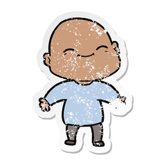 distressed sticker of a happy cartoon bald man