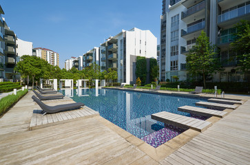 Modern residential buildings with outdoor facilities, Facade of new low-energy houses .