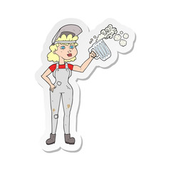sticker of a cartoon hard working woman with beer