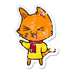 distressed sticker of a cartoon cat hissing