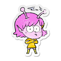 distressed sticker of a cartoon alien girl