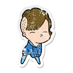 distressed sticker of a cartoon squinting girl