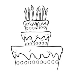 hand drawn doodle cake and happy birthday in cartoon style vector