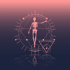 Mystery, witchcraft, occult and alchemy tattoo sign. Mystical vintage gothic geometry thin lines symbol with silhouette of a human skeleton