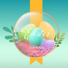 Easter day background web landing page onboarding. Holiday greeting element. Egg colorful and ribbon.