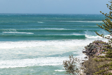 Cyclone Oma swell hitting Kirra beach Coolangatta Gold Coast Australia tube barrel waves from top of the hill many swells