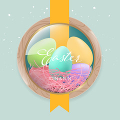 Easter day background web landing page onboarding. Holiday greeting element. Egg colorful and ribbon.