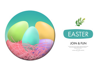 Easter day background web landing page onboarding. Holiday greeting element. Egg colorful and ribbon.