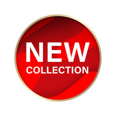 New collection label and red tag. Badge circle shape paper texture.
