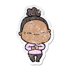 distressed sticker of a cartoon peaceful old woman