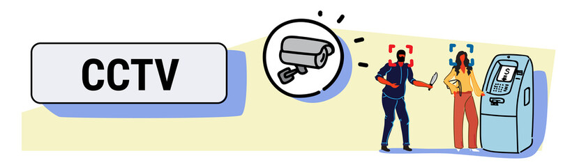 camera recording masked thief with knife dangerous robber attacking woman withdrawing money from ATM surveillance system security alarm sketch horizontal banner