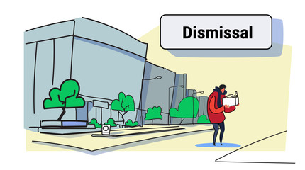 sadness man worker carrying box with things dismissal concept dismissed man going away unemployment crisis city office building cityscape sketch doodle full length horizontal