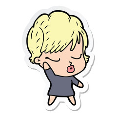 sticker of a cartoon woman with eyes shut