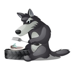 Hungry animated grey wolf with fork and empty plate with fly isolated on white background. Vector cartoon close-up illustration.
