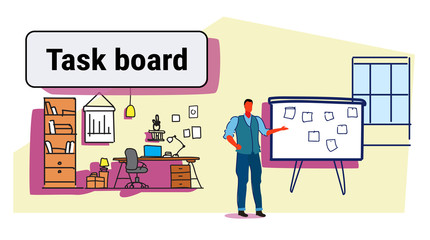 businessman planning weekly meeting schedule on task board with stickers notes to do list business man manager standing modern office interior sketch doodle horizontal