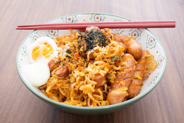 Dried noodles and sausages, Korean style.