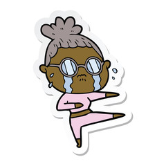 sticker of a cartoon crying woman wearing spectacles