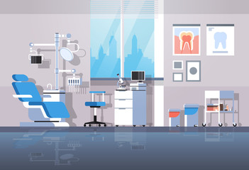 professional dentist chair and tools dental roomr cabinet tooth care concept modern clinic office interior flat horizontal