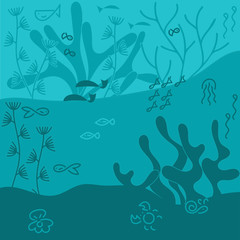 The seabed and its inhabitants. Fish, jellyfish, crabs, shells, contours and silhouettes of plants.