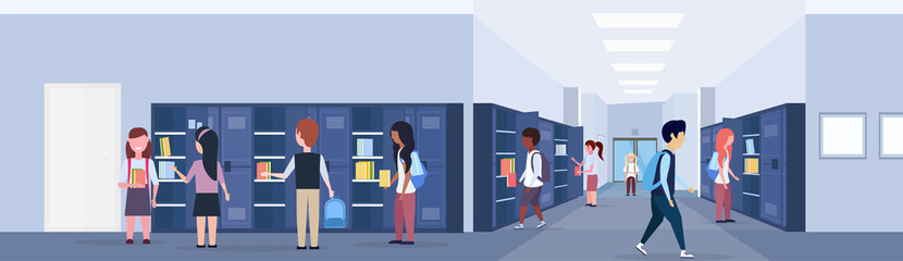 mix race schoolchildren group visiting their lockers modern school corridor interior education concept horizontal banner full length flat