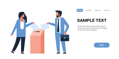election day concept couple man woman voters putting paper ballots in box during voting full length flat horizontal copy space white background