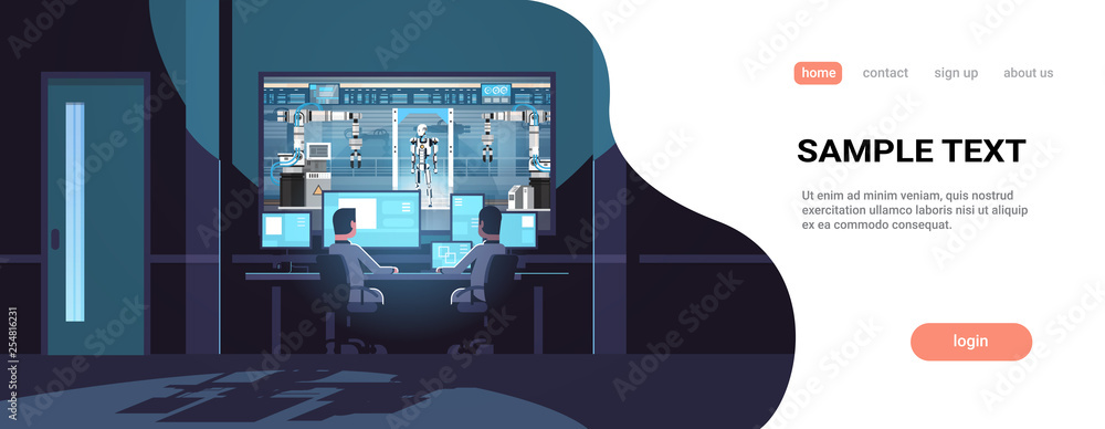 Poster two engineers looking at monitors behind glass robot production factory robotic industry artificial 