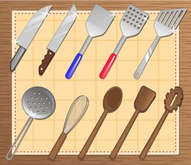 Kitchen utensils and cooking utensils set, 10 editable vector elements, plus additional items, wood texture and kitchen towel included.