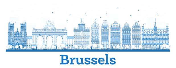 Outline Brussels Belgium City Skyline with Blue Buildings.