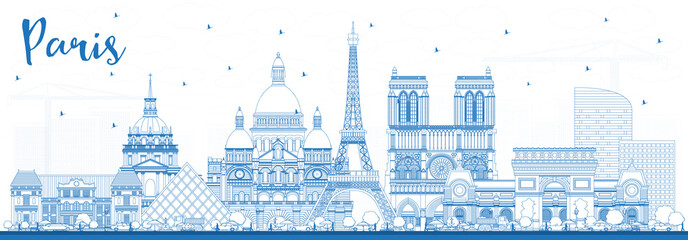 Outline Paris France City Skyline with Blue Buildings. - obrazy, fototapety, plakaty