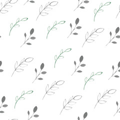 Watercolor pattern with silver, green, purple, violet leaves and branches on a white background. Ideal for cards and invitations.