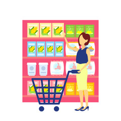 woman customer carrying trolley cart choosing food big grocery shop supermarket interior girl buyer super market shopping concept full length flat