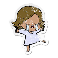 distressed sticker of a cartoon girl crying