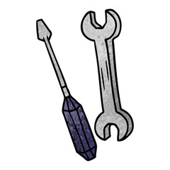 textured cartoon doodle of a spanner and a screwdriver