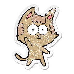 distressed sticker of a happy cartoon cat